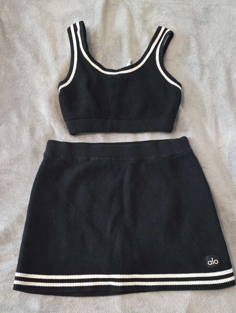 ALO Yoga Black Mini Skirt with White Stripe Trim Set
